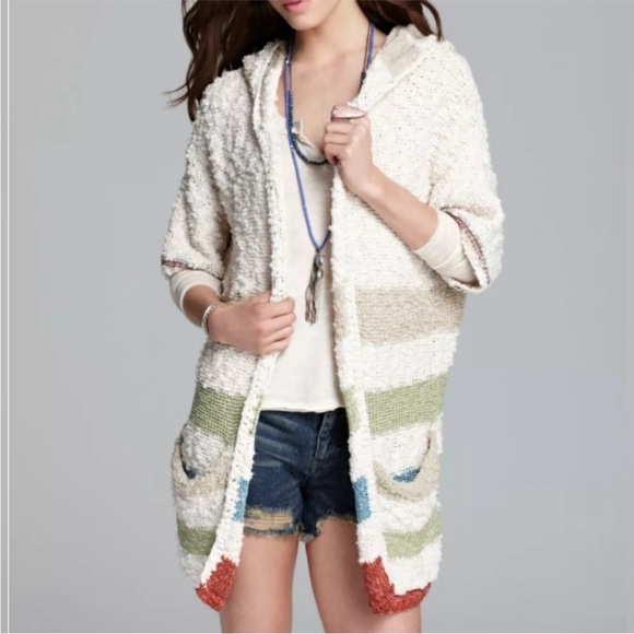 Free People Sweaters - Free People Seaside Stripe Boucle Hooded Cardigan Sweater Open Knit L Large